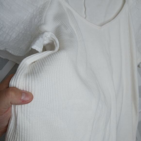 Ava & Viv White Puff Sleeve Ribbed Top Womens 1X Vacation Minimalist Coastal - Picture 3 of 9